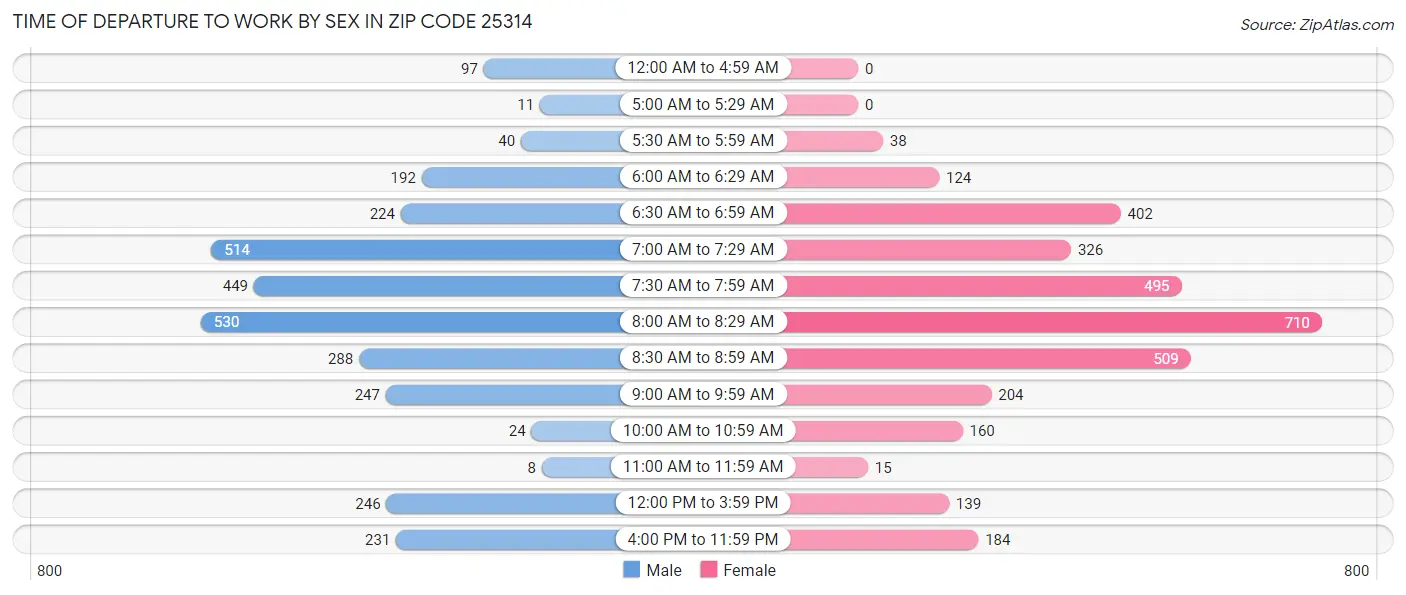 Time of Departure to Work by Sex in Zip Code 25314