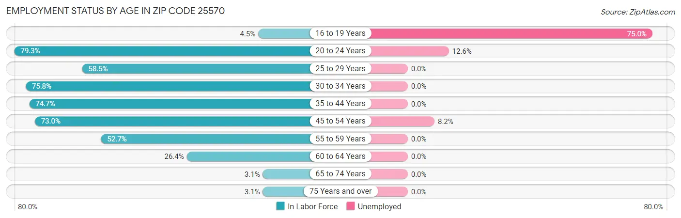 Employment Status by Age in Zip Code 25570