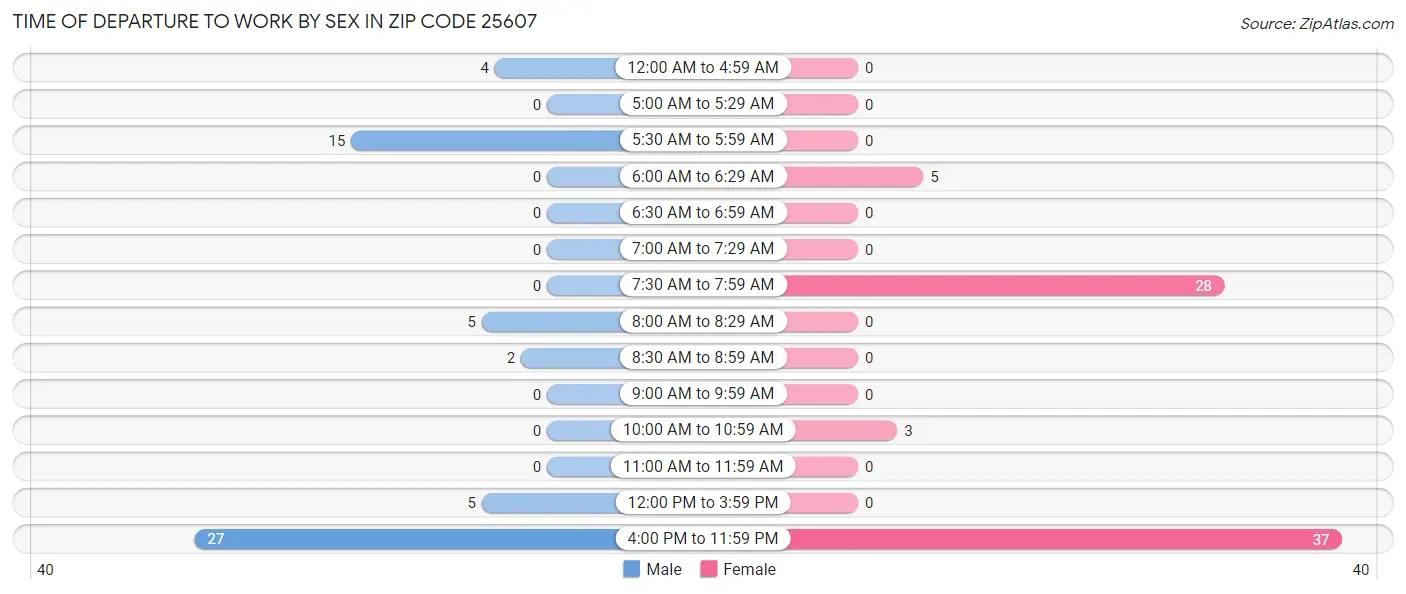 Time of Departure to Work by Sex in Zip Code 25607