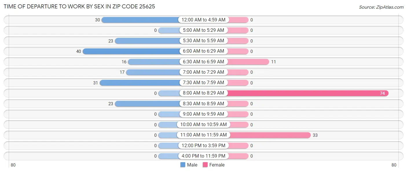 Time of Departure to Work by Sex in Zip Code 25625