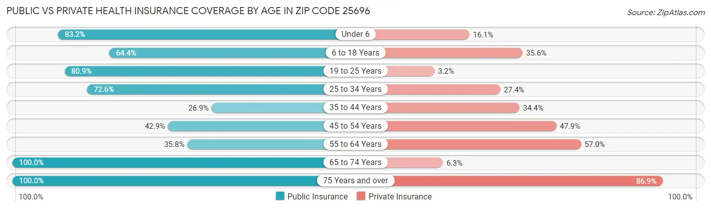 Public vs Private Health Insurance Coverage by Age in Zip Code 25696