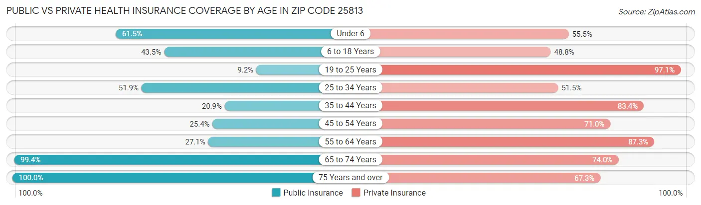 Public vs Private Health Insurance Coverage by Age in Zip Code 25813