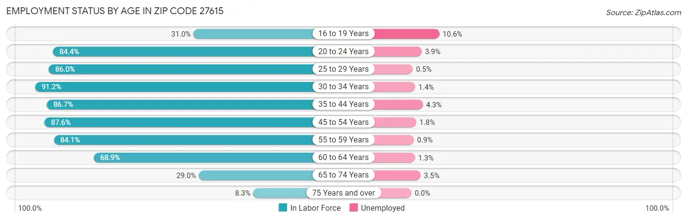Employment Status by Age in Zip Code 27615