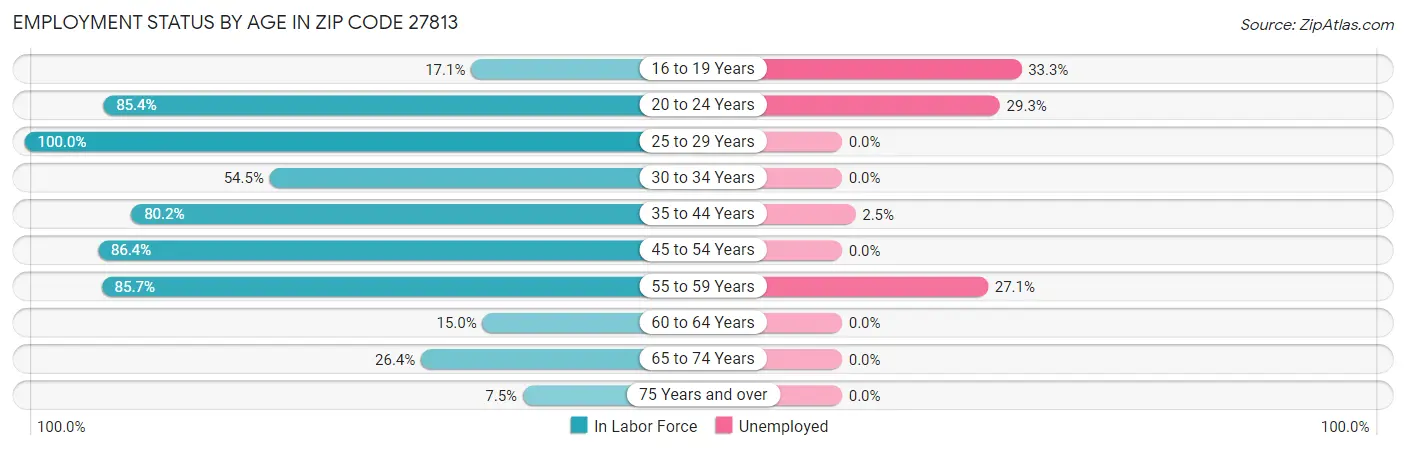 Employment Status by Age in Zip Code 27813