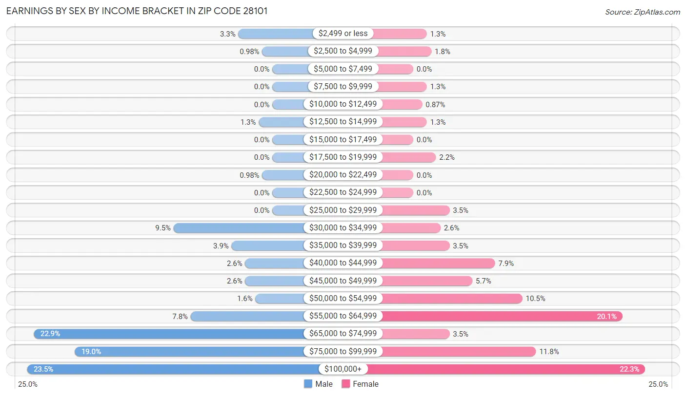 Earnings by Sex by Income Bracket in Zip Code 28101