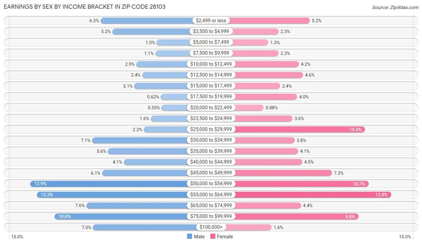 Earnings by Sex by Income Bracket in Zip Code 28103