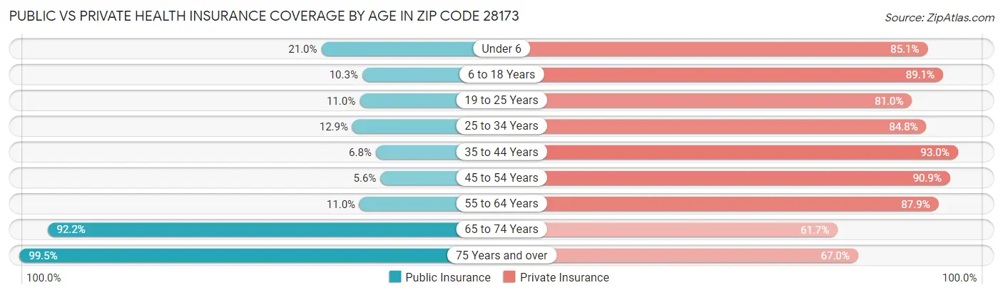 Public vs Private Health Insurance Coverage by Age in Zip Code 28173