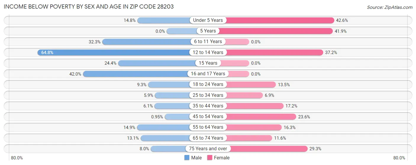 Income Below Poverty by Sex and Age in Zip Code 28203