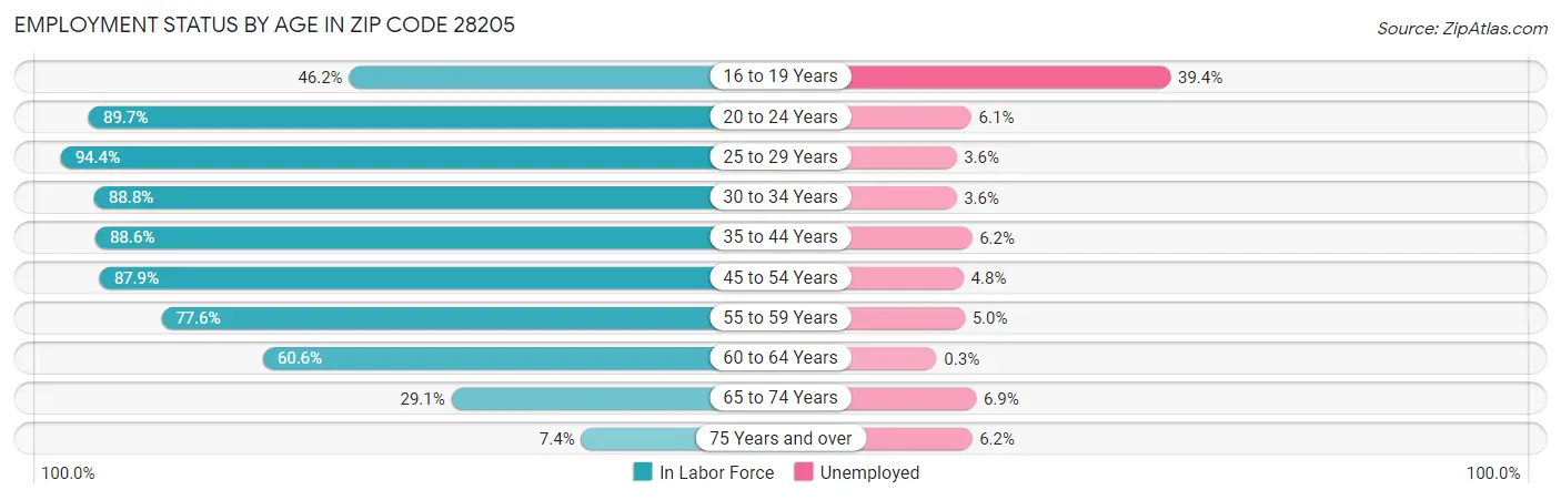 Employment Status by Age in Zip Code 28205