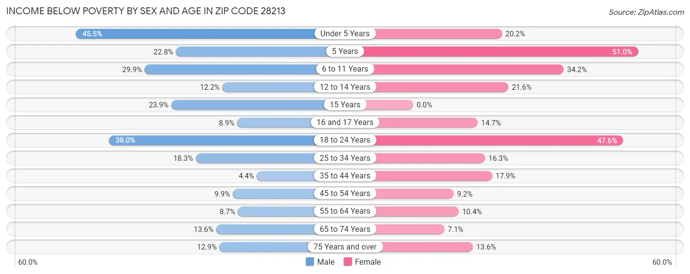 Income Below Poverty by Sex and Age in Zip Code 28213