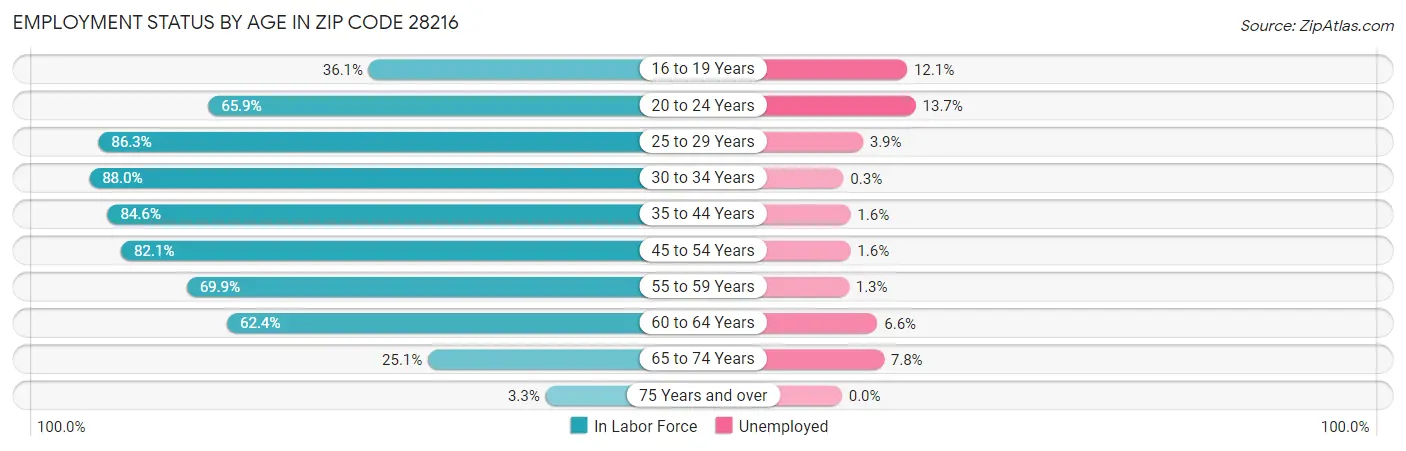 Employment Status by Age in Zip Code 28216