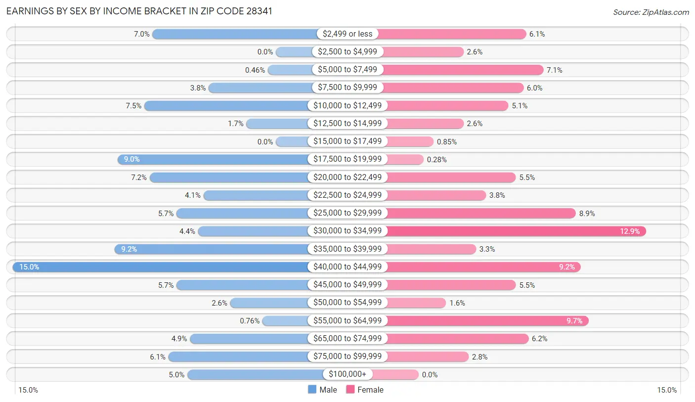 Earnings by Sex by Income Bracket in Zip Code 28341