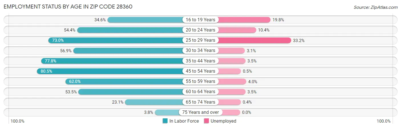Employment Status by Age in Zip Code 28360