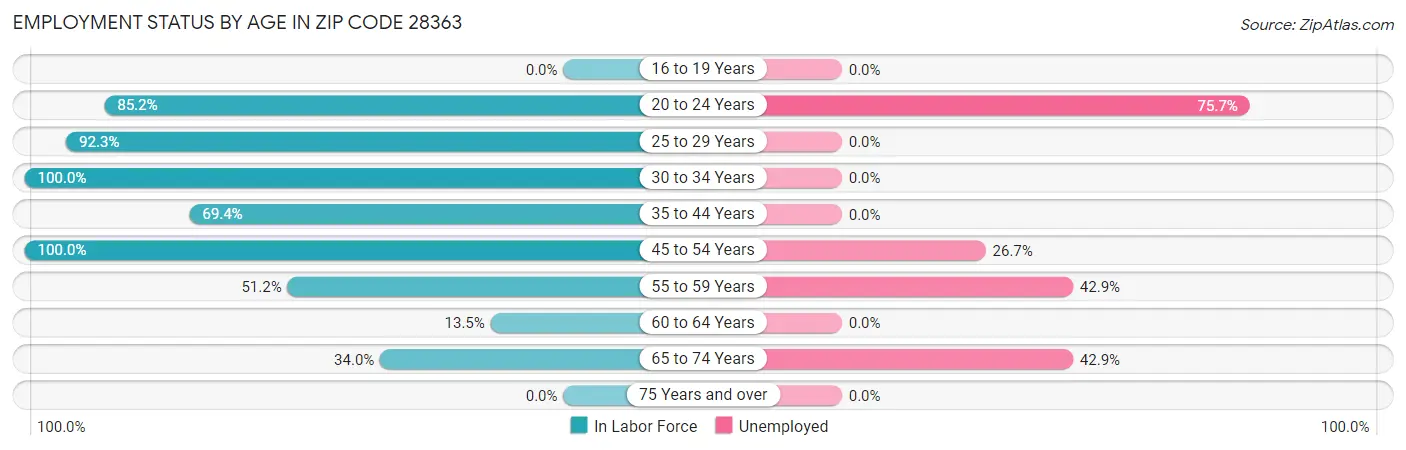 Employment Status by Age in Zip Code 28363