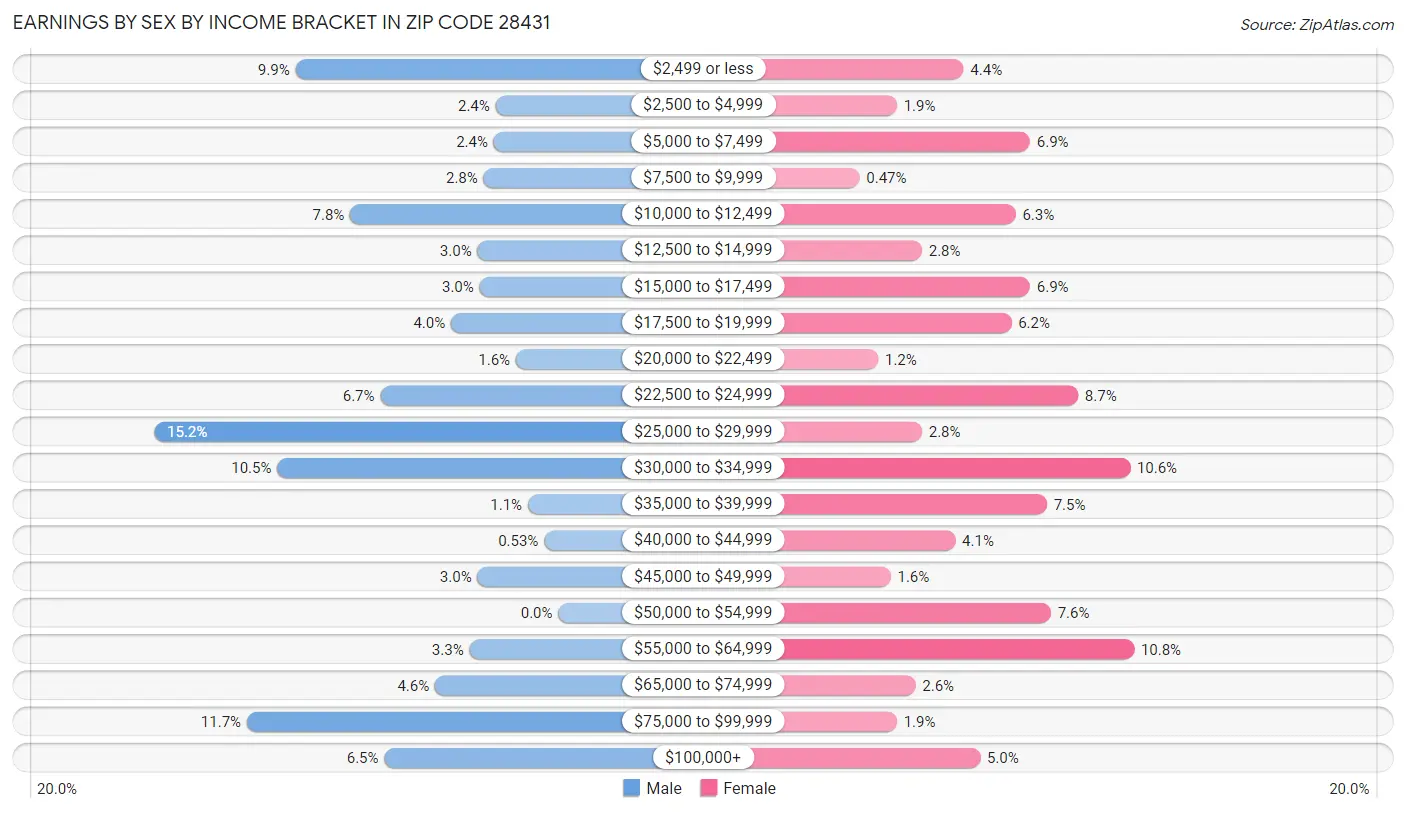 Earnings by Sex by Income Bracket in Zip Code 28431