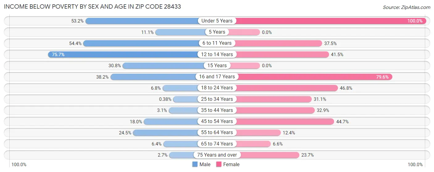 Income Below Poverty by Sex and Age in Zip Code 28433