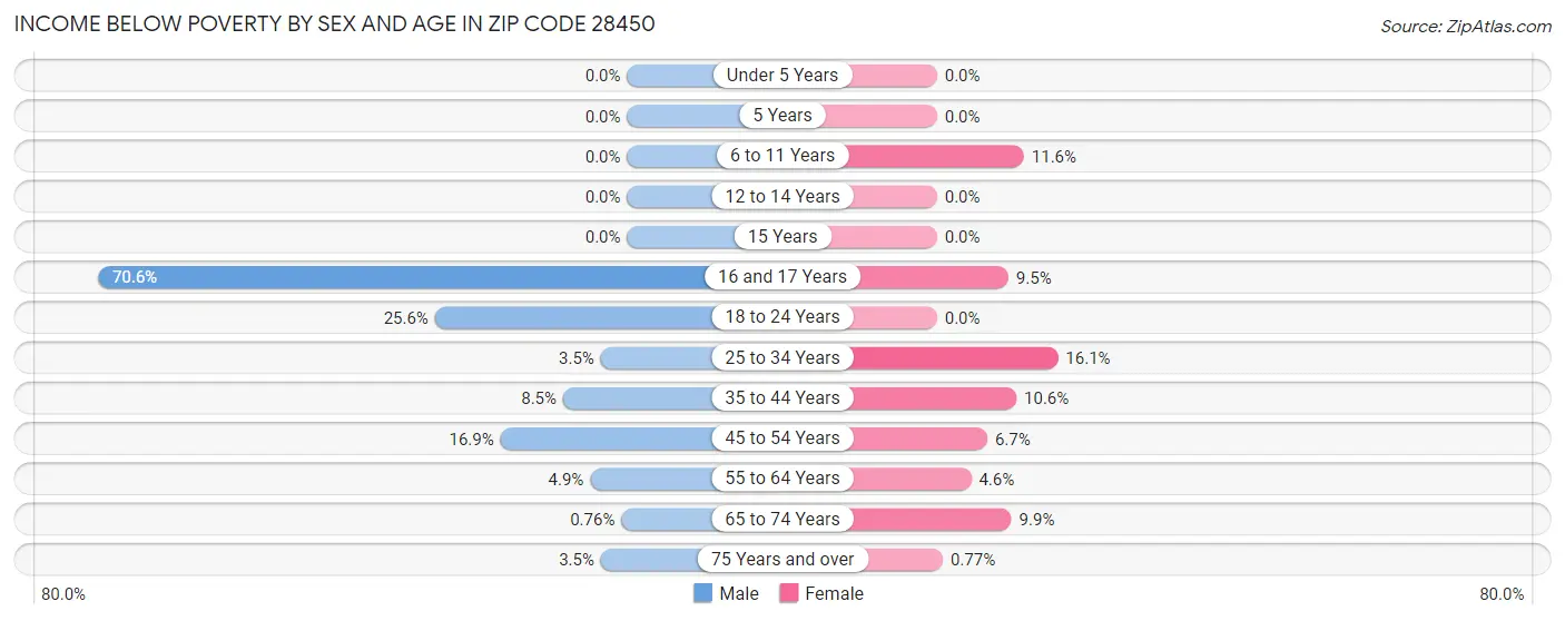 Income Below Poverty by Sex and Age in Zip Code 28450