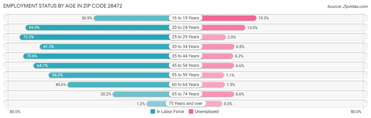 Employment Status by Age in Zip Code 28472