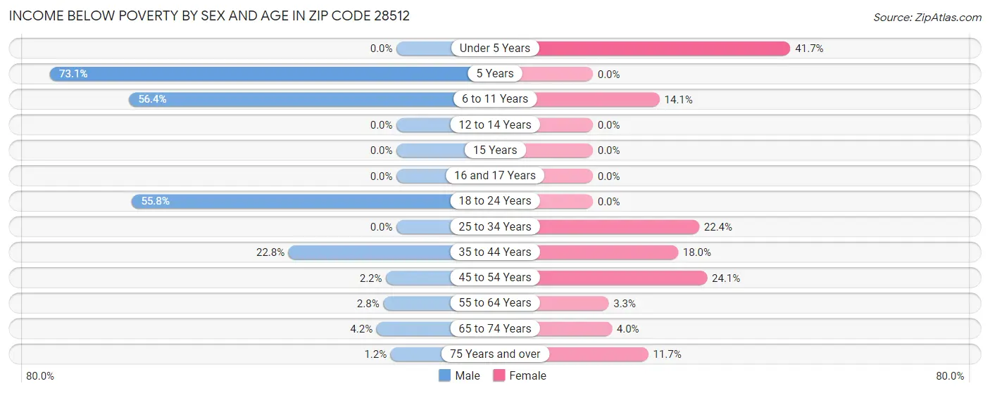 Income Below Poverty by Sex and Age in Zip Code 28512