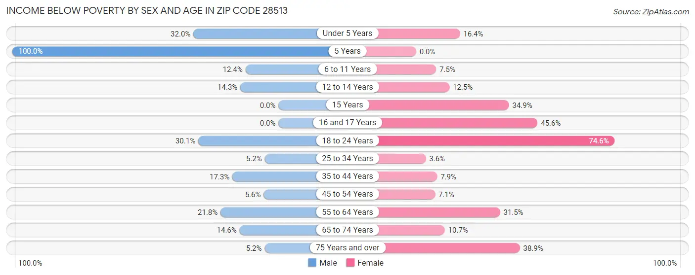 Income Below Poverty by Sex and Age in Zip Code 28513