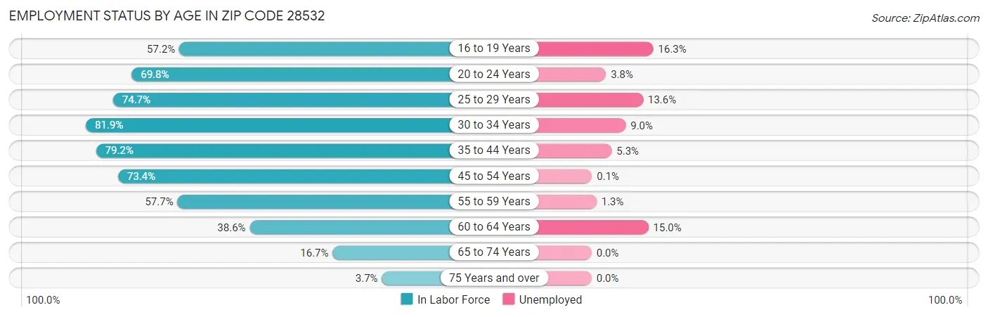 Employment Status by Age in Zip Code 28532