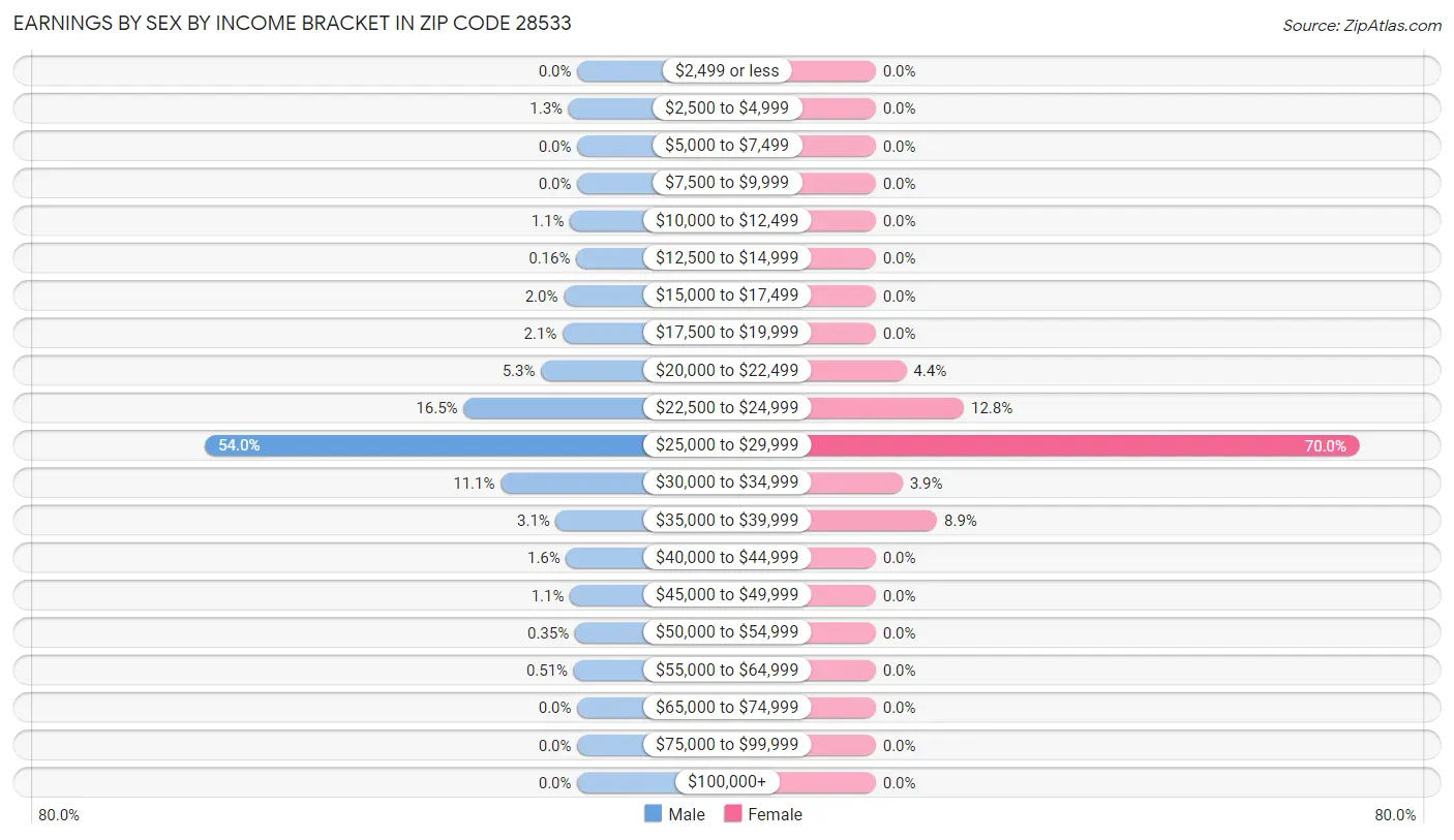 Earnings by Sex by Income Bracket in Zip Code 28533