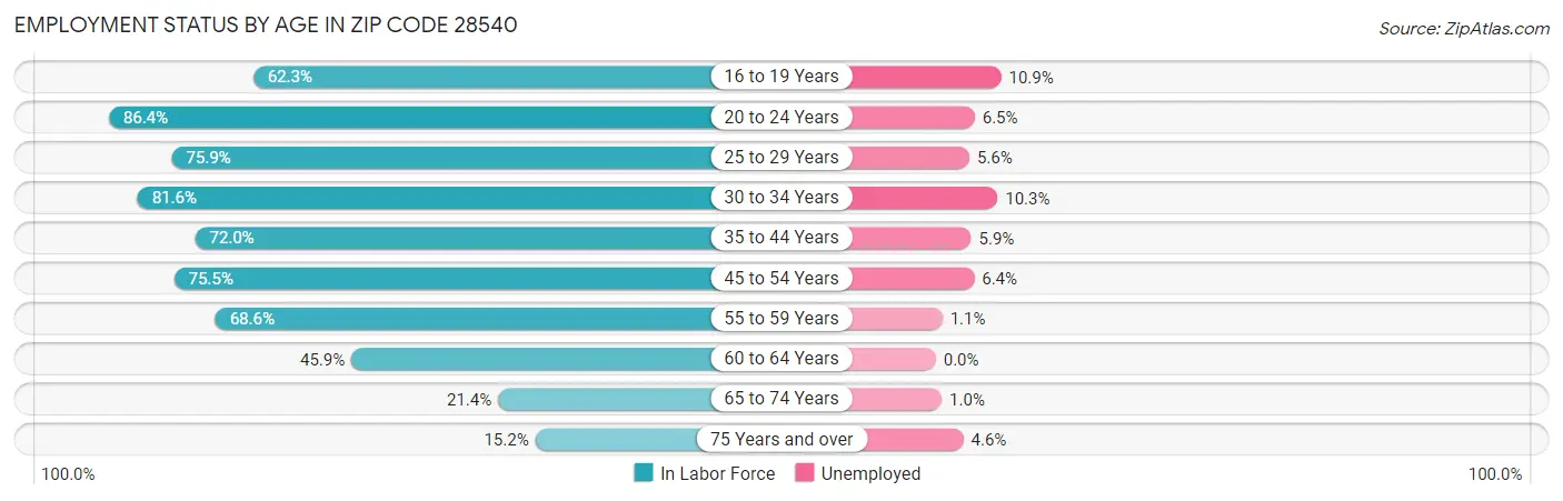 Employment Status by Age in Zip Code 28540