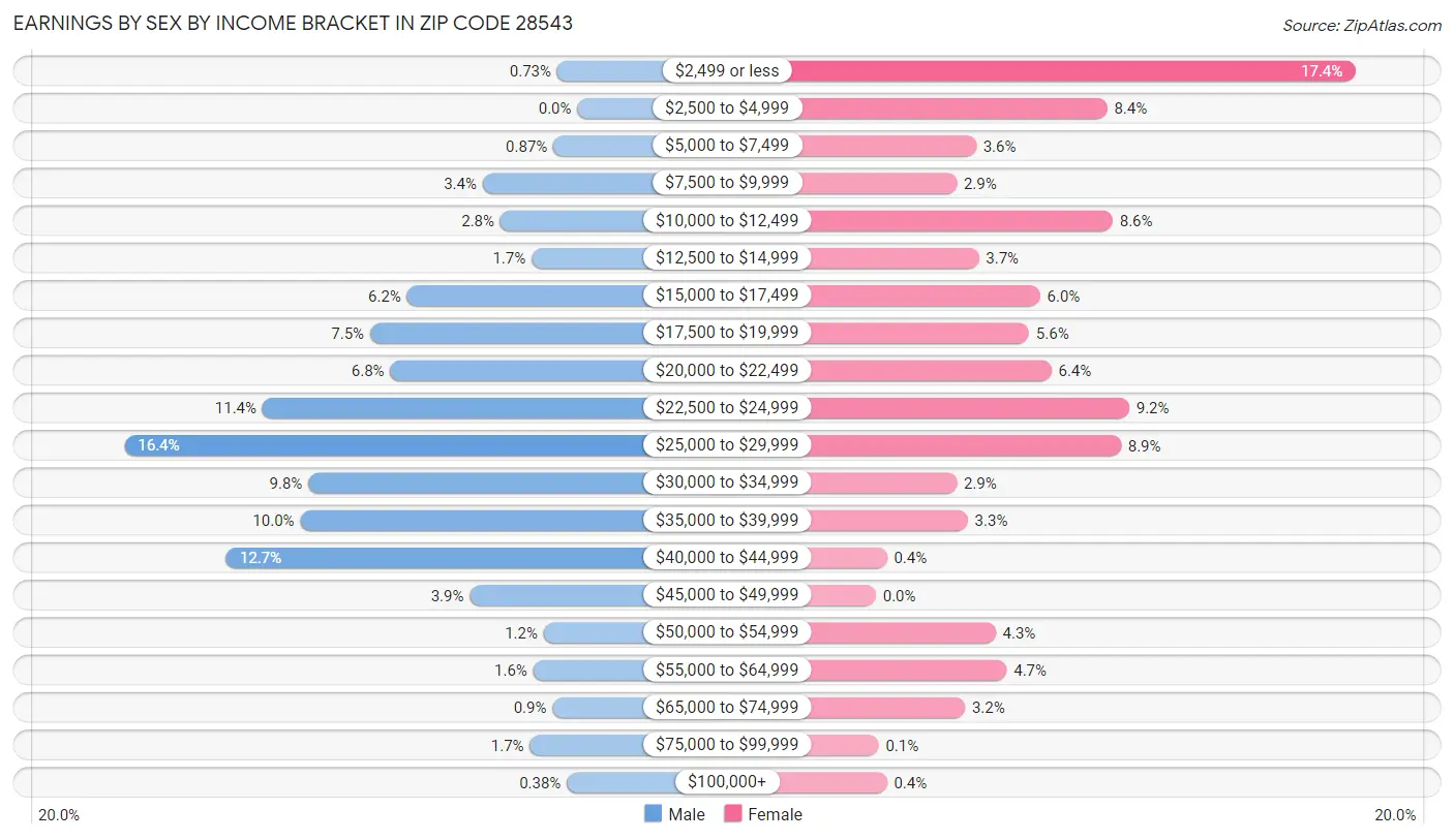 Earnings by Sex by Income Bracket in Zip Code 28543