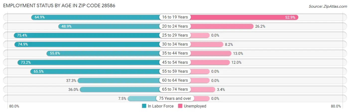 Employment Status by Age in Zip Code 28586