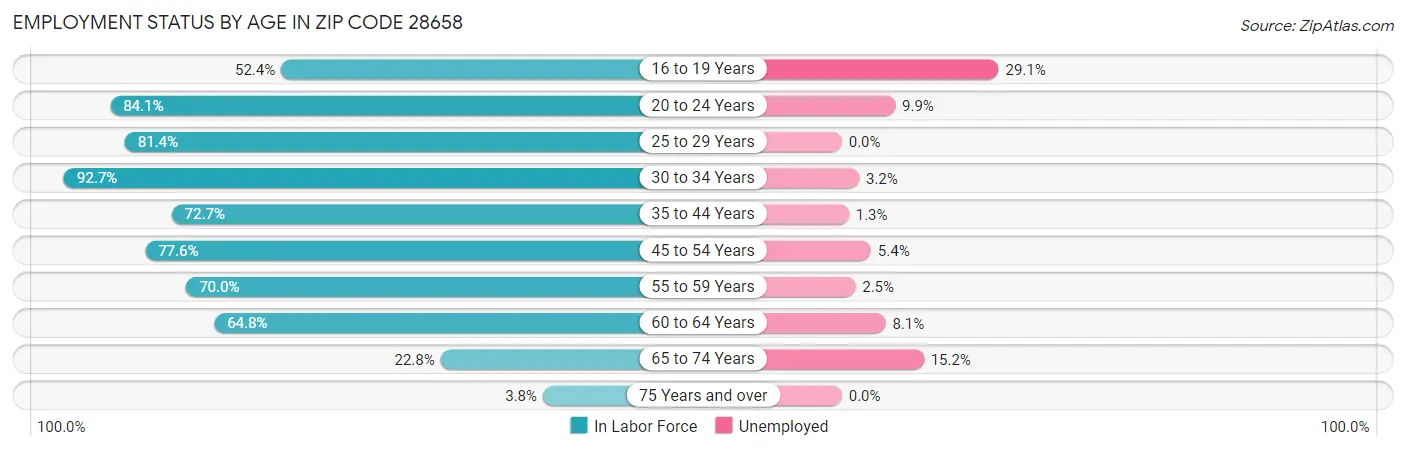 Employment Status by Age in Zip Code 28658