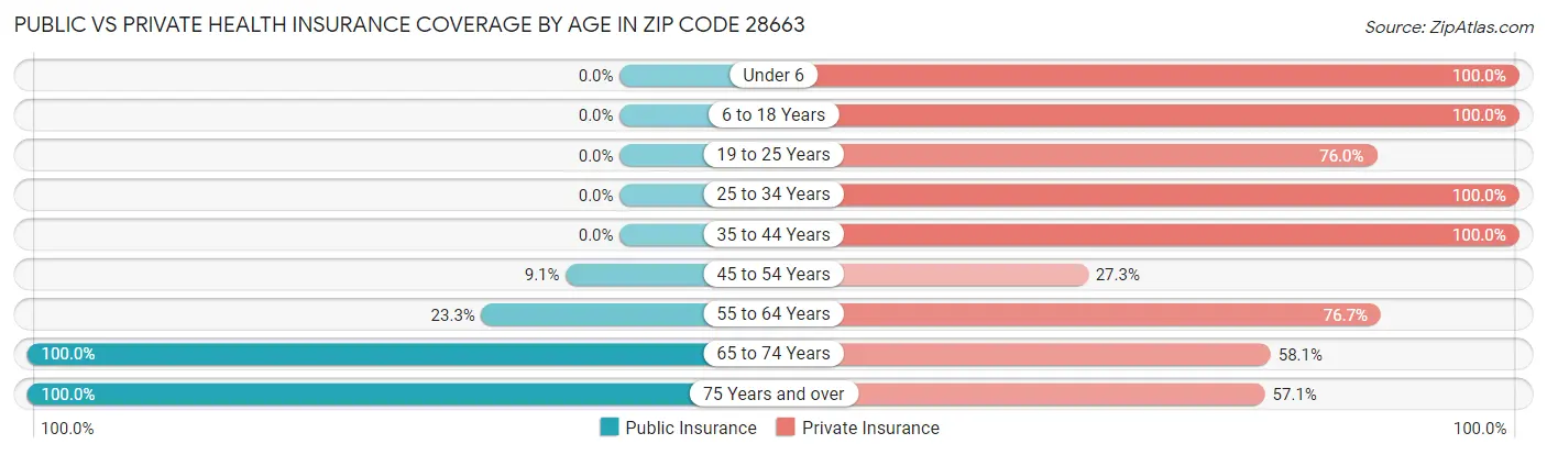 Public vs Private Health Insurance Coverage by Age in Zip Code 28663