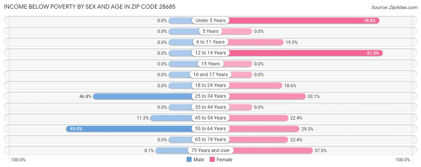 Income Below Poverty by Sex and Age in Zip Code 28685