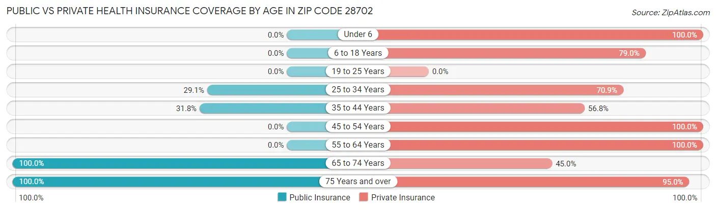 Public vs Private Health Insurance Coverage by Age in Zip Code 28702