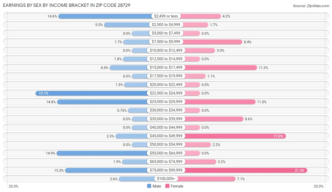 Earnings by Sex by Income Bracket in Zip Code 28729