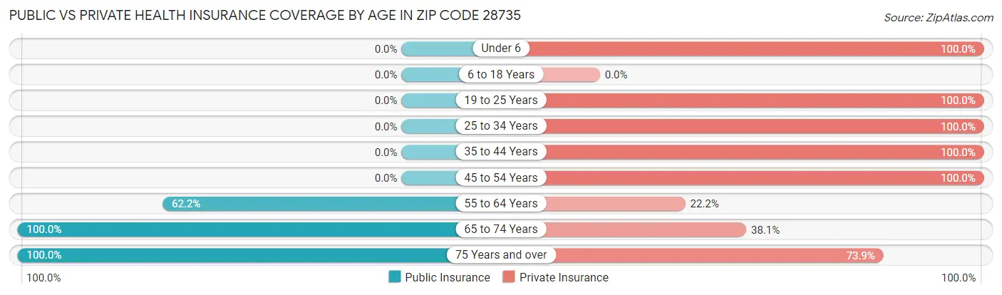 Public vs Private Health Insurance Coverage by Age in Zip Code 28735