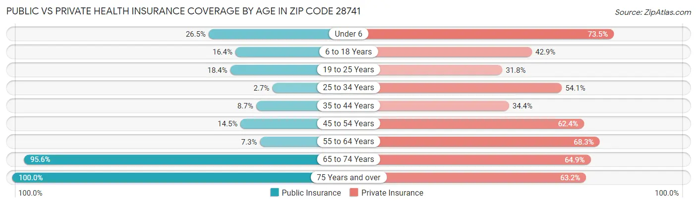 Public vs Private Health Insurance Coverage by Age in Zip Code 28741