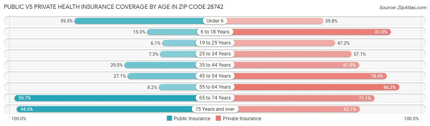 Public vs Private Health Insurance Coverage by Age in Zip Code 28742