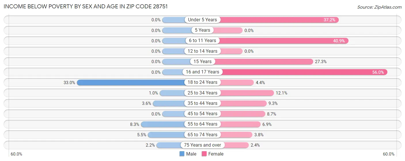 Income Below Poverty by Sex and Age in Zip Code 28751