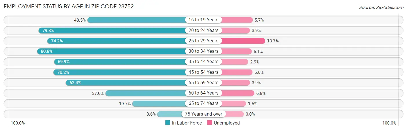 Employment Status by Age in Zip Code 28752