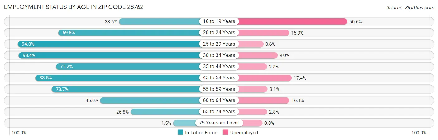Employment Status by Age in Zip Code 28762