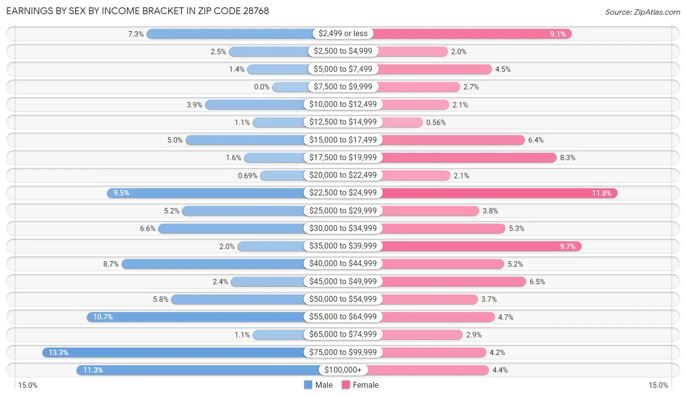 Earnings by Sex by Income Bracket in Zip Code 28768