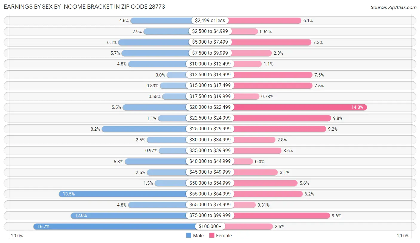 Earnings by Sex by Income Bracket in Zip Code 28773