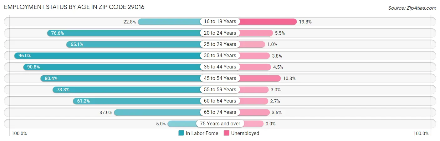 Employment Status by Age in Zip Code 29016