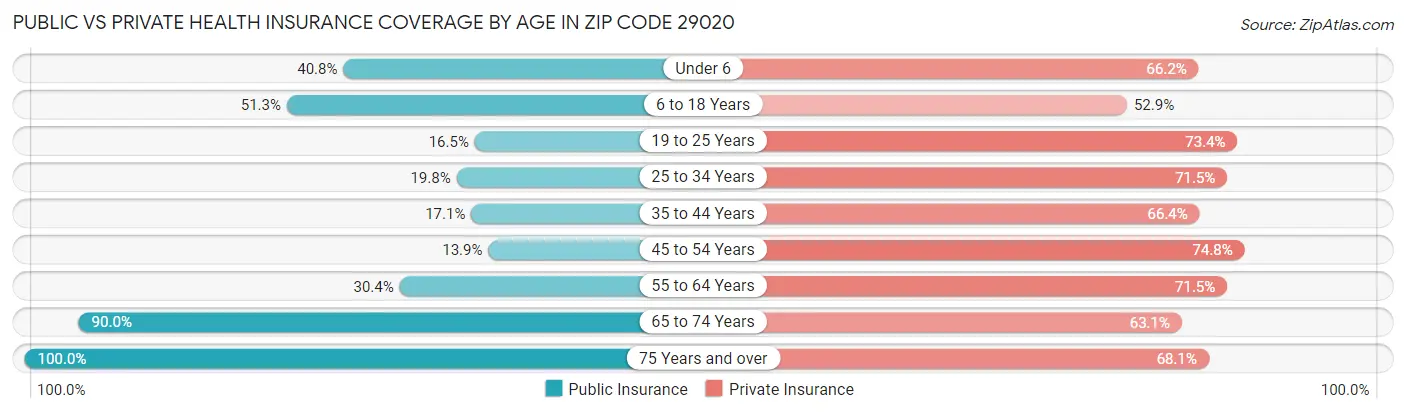 Public vs Private Health Insurance Coverage by Age in Zip Code 29020