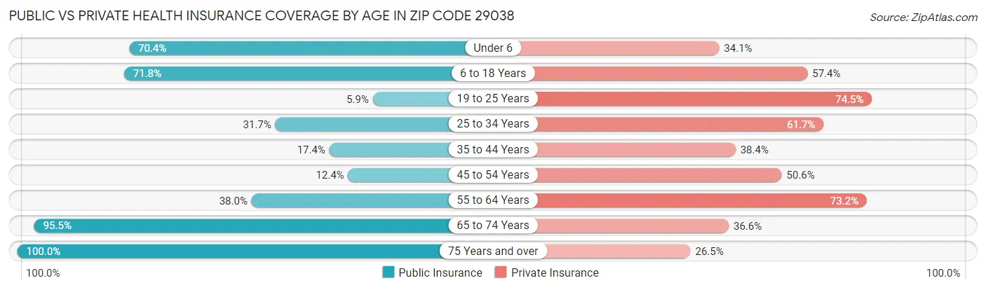Public vs Private Health Insurance Coverage by Age in Zip Code 29038