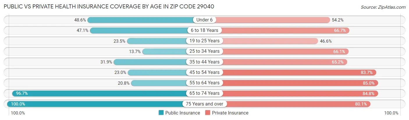 Public vs Private Health Insurance Coverage by Age in Zip Code 29040