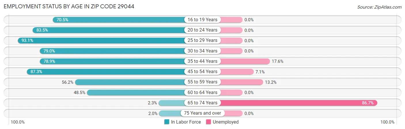 Employment Status by Age in Zip Code 29044