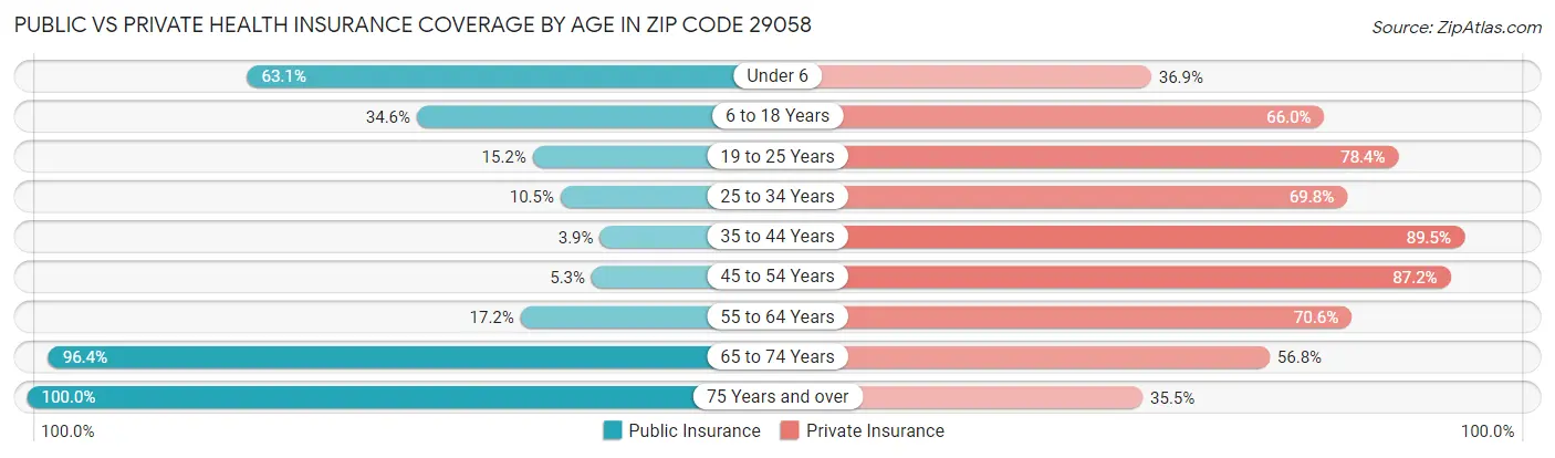 Public vs Private Health Insurance Coverage by Age in Zip Code 29058