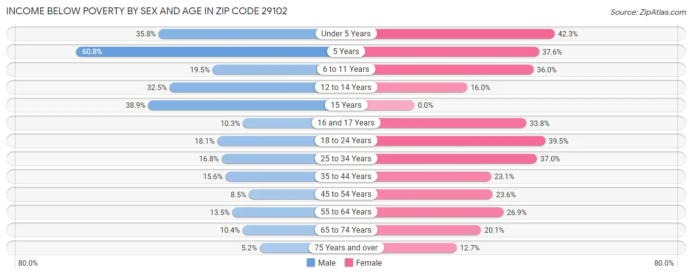 Income Below Poverty by Sex and Age in Zip Code 29102