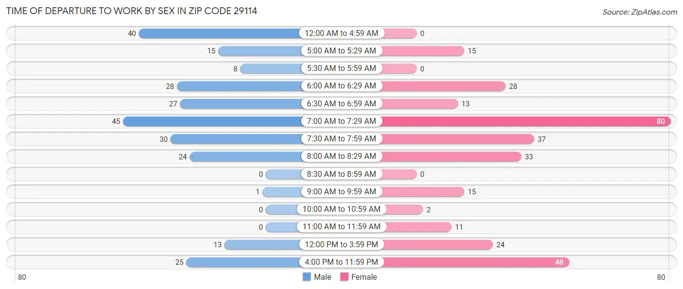 Time of Departure to Work by Sex in Zip Code 29114